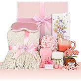 Kovtesiu Birthday Gifts for Women, Knitted Tassel Throw Blanket Pink Gift Basket with Handmade Crocheted Potted Plants and Flower Coasters, Inspirational for Mom Her Wife Friend Grandma