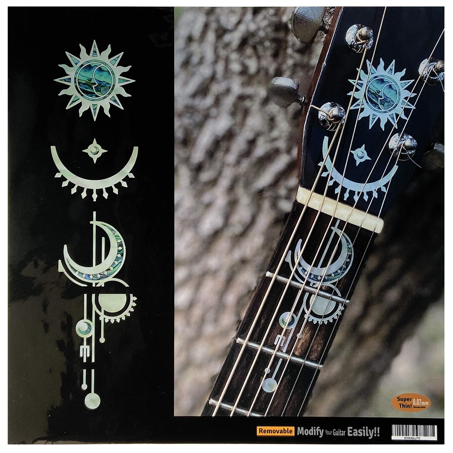 Inlay Stickers F-324GSM-WT for Acoustic Guitars Head & Neck - Geometric Sun & Moon - White Pearl