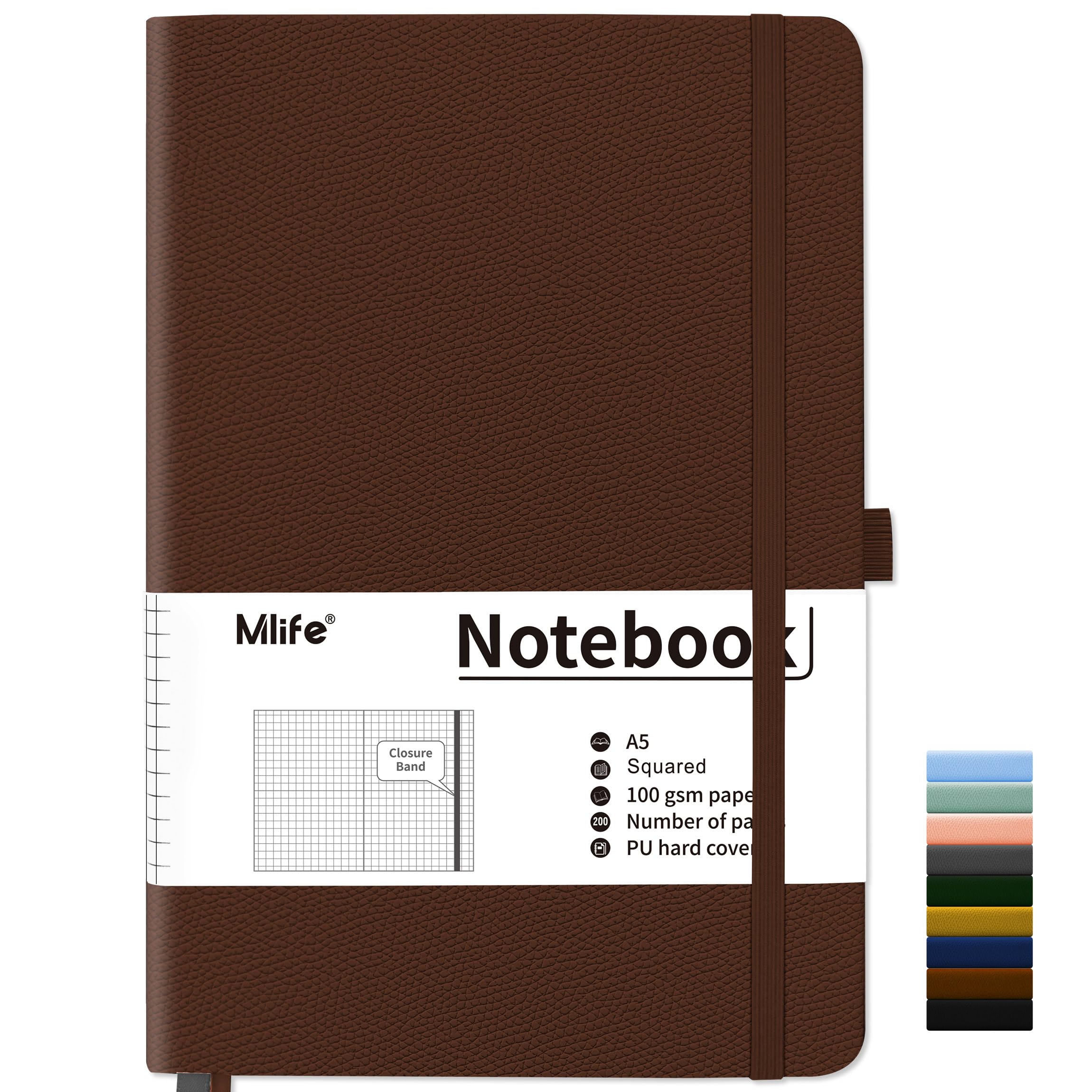 Mlife Squared Notebook A5,Journal Notebooks With 200 Pages,100gsm No Bleed Grid Notebook Pages,PU Hard Cover,Graph Paper Notebook for Graphing Notes Math,Notepad for Women Men School Office-Brown