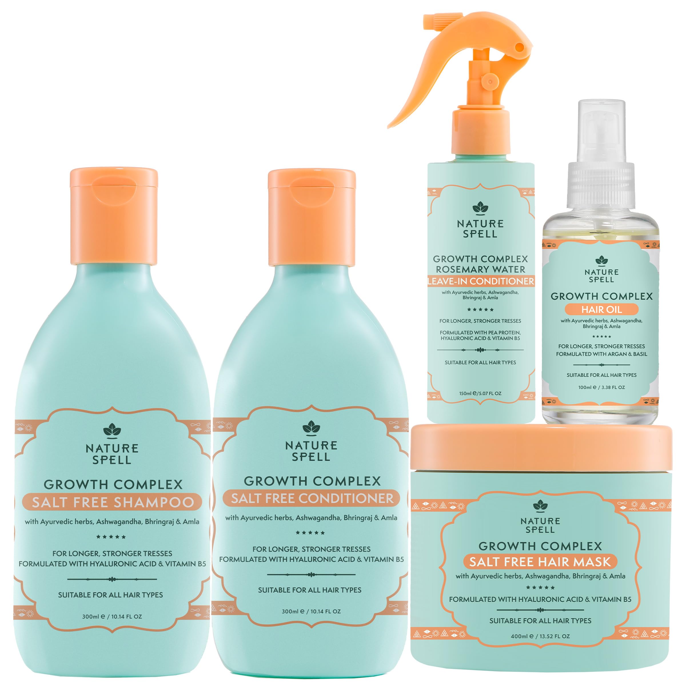 Nature Spell Growth Complex Hair Growth Set, Includes Shampoo, Conditioner, Mask, Leave-In & Oil with Hyaluronic Acid and Vitamin B5, For All Hair Types, Colour Safe, Vegan, Pack of 5