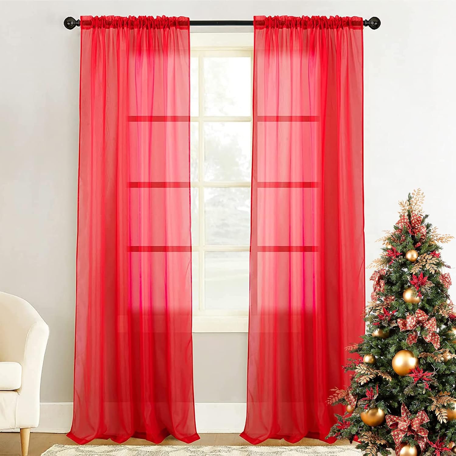 Window Treatments - Tony's collection Red Sheer Curtains 84 Inch Length, Voile Window Treatment Rod Pocket Curtain Panels for Kitchen, Bedroom, and Living Room(34x84 Inch, Red,2 Panels)