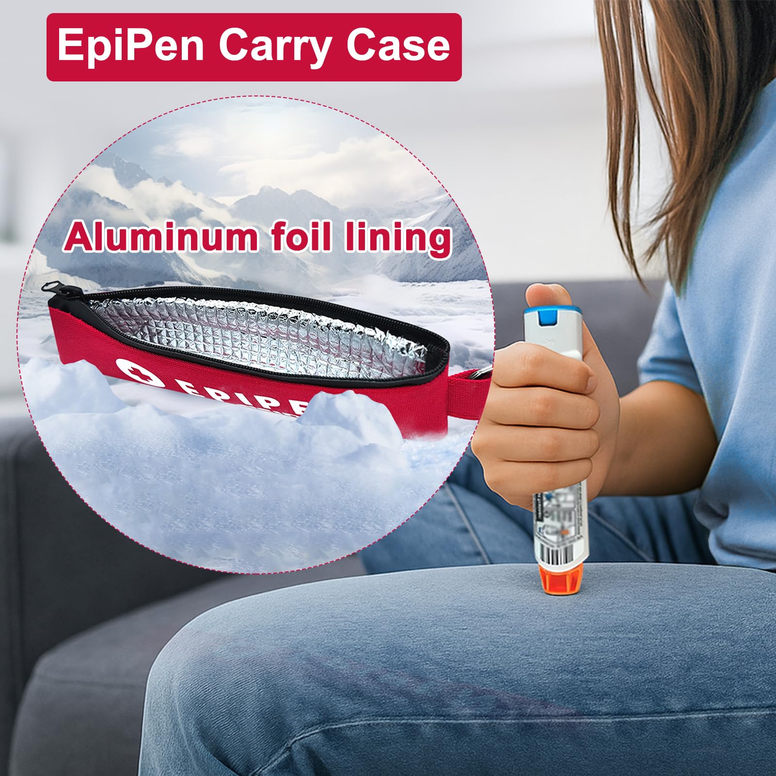 1 Pack EpiPen Carry Case Insulated,Red Epipen Holder Bag with Carabiner-for 1 EpiPen Asthma Allergy Medication,Sports Outdoors Travel Epipen Case for Walking or Running