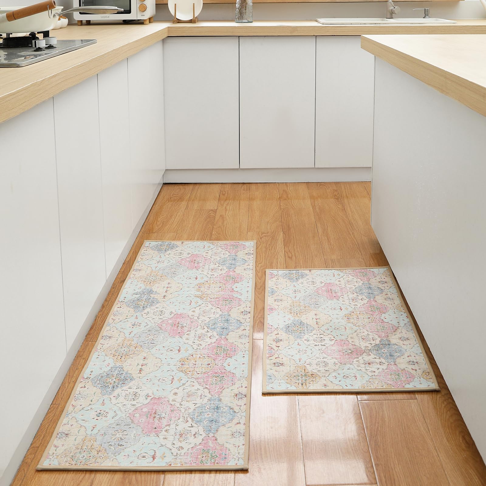 Photo 1 of Nestiva 2 PCS Boho Floral Kitchen Rug Set, 18"x28"+18"x47" Non Slip Absorbent Kitchen Mats for Floor, Kitchen Runners for Standing Waterproof, Washable Anti Fatigue Runner Rug for Hallway, Laundry