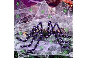 Yinhua Lighted Halloween Decorations 78" Giant Light Up Spider Halloween Decor 700 Sqft Super Stretchy Spider Web Decoration with 30 Extra Small Fake Spiders Large Cobwebs for Indoor and Outdoor