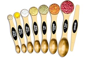 Urbanstrive Magnetic Measuring Spoons Set Stainless Steel, Dual Sided for Liquid Dry Food, Measuring Cups Spoons Set Fits in Spice Jar, Kitchen Gadgets, Cooking Utensils Set, Including Leveler, Gold