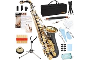 Kmise E Flat Alto Saxophone, Lightweight Saxophones for Students Beginner, Saxofon Full Kit with Portable Case, Sax Stand, Strap, Reeds, Beginner's Guides, Mute, Cleaning Kit (Black Nickel & Gold)
