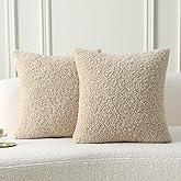 FUTEI Beige Throw Pillow Covers 18x18 Inch Set of 2,Furry Faux Fur Teddy Boucle Textured Cushion Covers,Soft Fluffy Decorative Pillow Case,Home Decor for Couch Bed Living Room Office Car