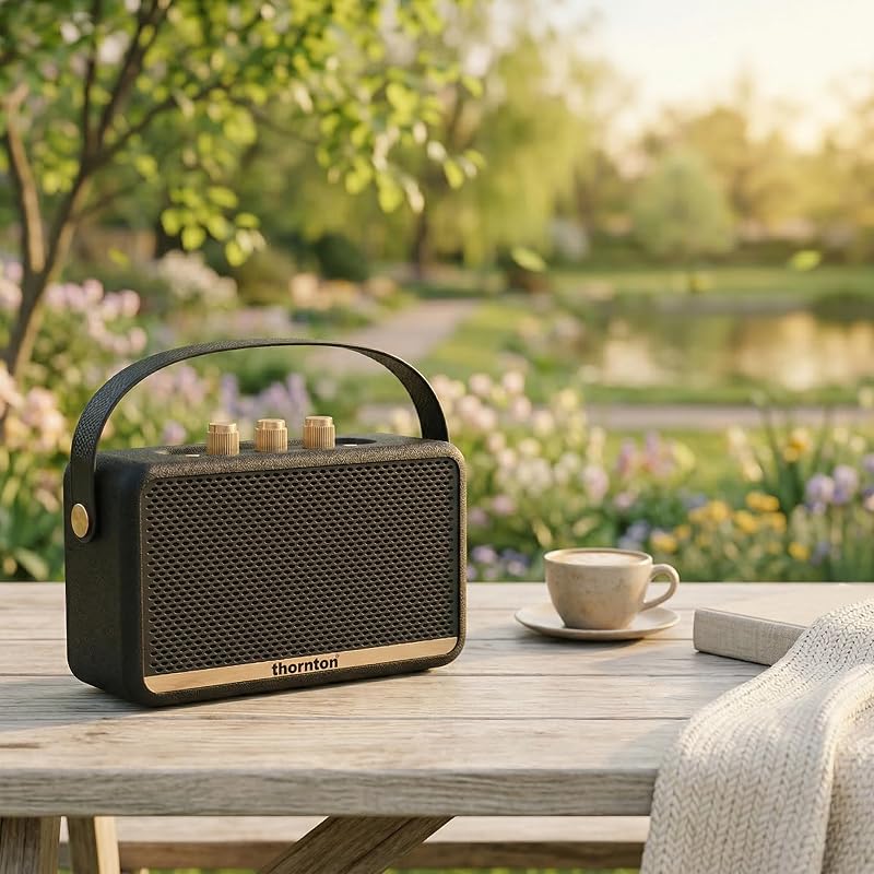 Flow Bluetooth Speaker - Coluna estéreo portátil sem fios resistente à água IP67, reprodução de 5 horas, carregamento USB-C, design retro com controlos dourados
