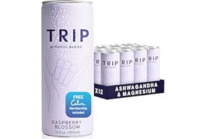 Trip Mindful Blend, Lightly Sparkling Adaptogen Seltzer, Mocktail w/ 120mg Magnesium Citrate with Ashwagandha, Lions Mane & L Theanine, No Added Sugar, Vegan, Raspberry Blossom, 12 Oz, 12Pk