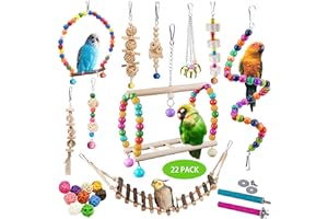 Sysmashing 22 Packs Bird Parakeet Cockatiel Toys,Parrot Swing Chewing Hanging Toy with Safe Bells,Bird cage Colorful Climbing Standing Rope Natural Wood Ladder Bungee Toys