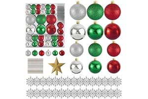 HYRIXDIRECT 128Pcs Christmas Ball Ornaments Set for Christmas Tree Decorations with LED String Lights White Snowflakes & Gold Star Topper Plastic Hanging Balls for Xmas Tree Holiday Decor