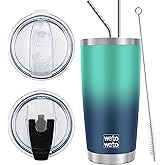 WETOWETO 20oz Insulated Stainless Steel Tumbler, Coffee Tumbler with 2 lids and 2 straws, Double Wall Vacuum Travel Coffee Mug, Powder Coated Leak-Proof Tumbler Cup (Green-Blue Gradient,1 Pack)