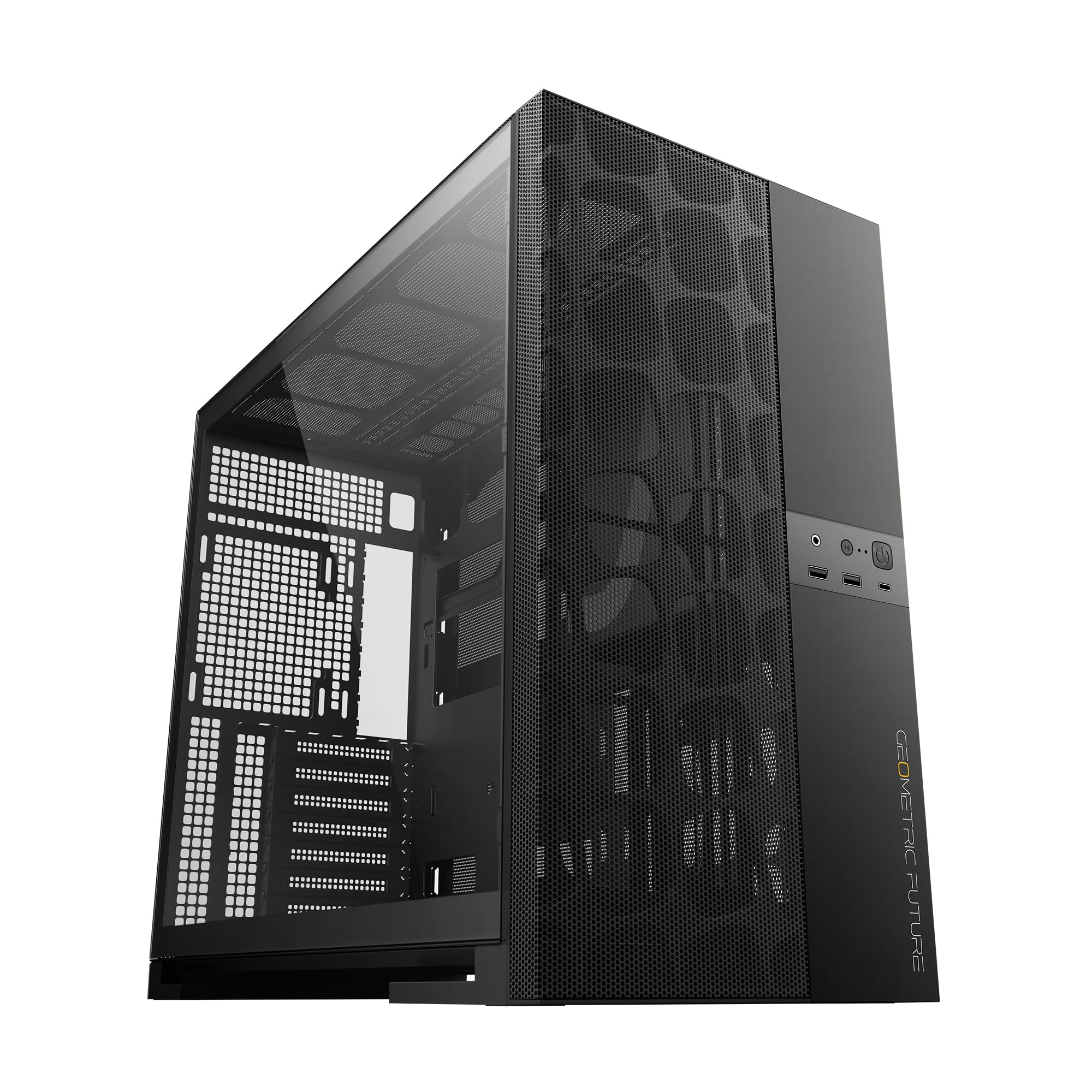 M5 Vent Mesh Panel Tempered Glass Mid Tower, E-ATX/ATX Gaming Case, High Airflow, 1.2mm Steel, Type C, Support 420/360 Radiator, ARGB PWM 140m fan x 5 Pre-Installed, Black, GEO-M5VF-B