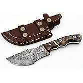 Whole Earth Supply Ram Horn, Ladder Damascus Tracker Knife Hunting Knives Handle with Wood Inlay Blank +Sheath