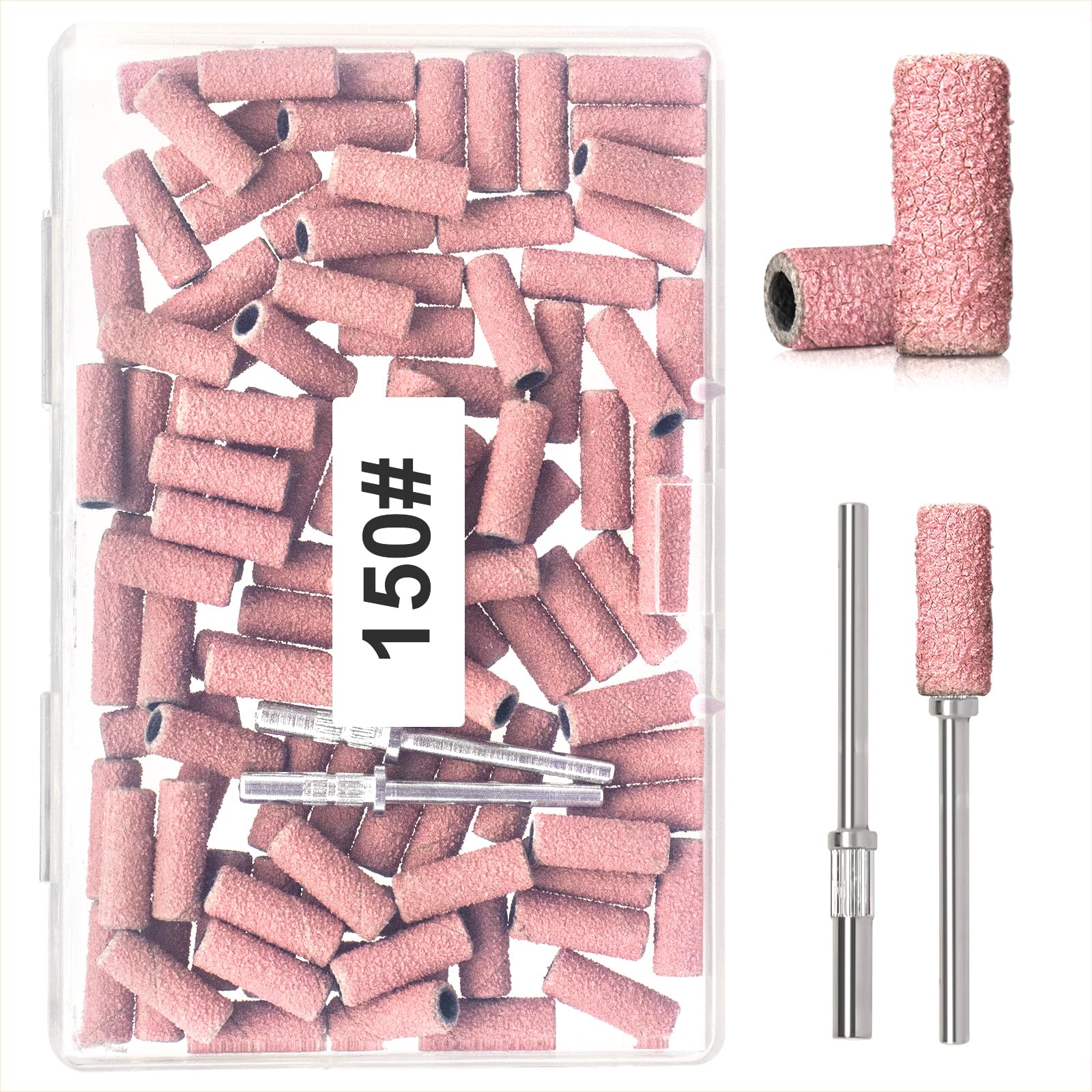 Small Sanding Bands for Nail Drill, 100pcs Mini Bands 150 Fine Grit Nail File Sanding Bands with Upgrade 2pcs 3/32'' Mandrels Bits, for Acrylic Nail Gel Removal, Plastic Polishing Manicure, Pink