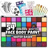 Bowitzki Face Paint Kit with 54 Colors, 8 sheets Stencils, 2 Glitters,10 Brushes, 1 Sheet Gems, Water Based Face Painting Kit, Safe Professional Halloween Party Makeup Set