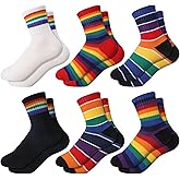 Fourluoo 6 Pairs Kids Boys Crew Socks Kids Cotton Rainbow Stripe Calf Breathable Athletic Socks for Girls and Boys