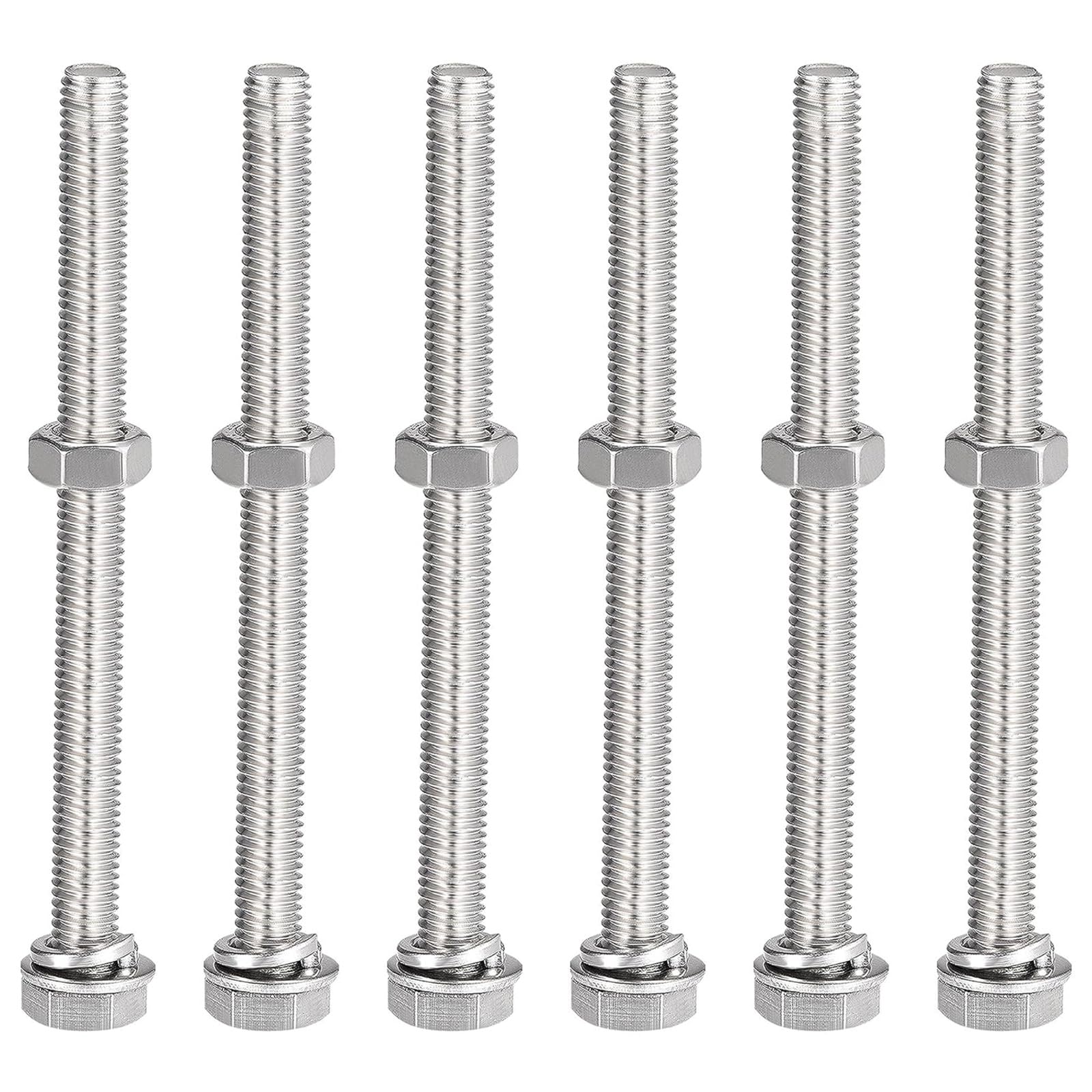 Boxonly M8x100mm Hex Head Screws Bolts, Nuts, Flat & Lock Washers Kits, 304 Stainless Steel Fully Thread Hexagon Bolts 6 Sets