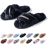 E E EMPTY ENTIRE Women's Fuzzy Slippers Cross Band House Shoes Memory Foam Open Toe Slippers