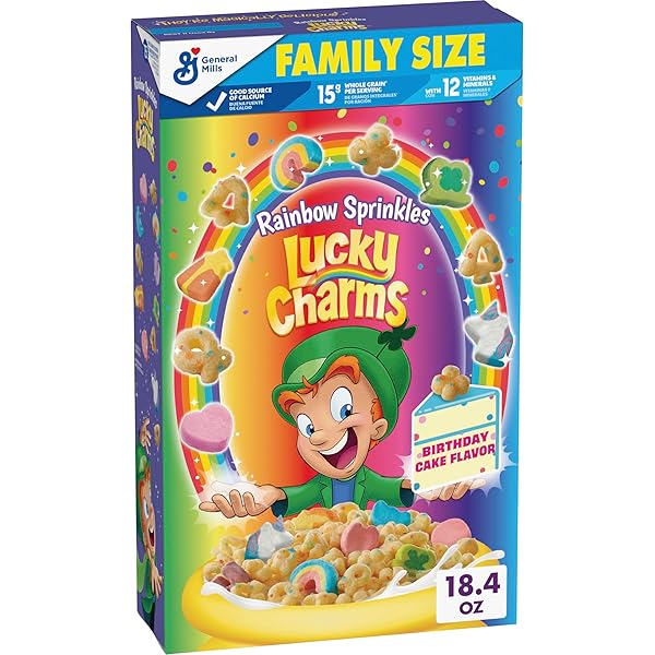 LUCKY CHARMS RAINBOW SPRINKLES CEREAL WITH MARSHMALLOWS, BIRTHDAY...
