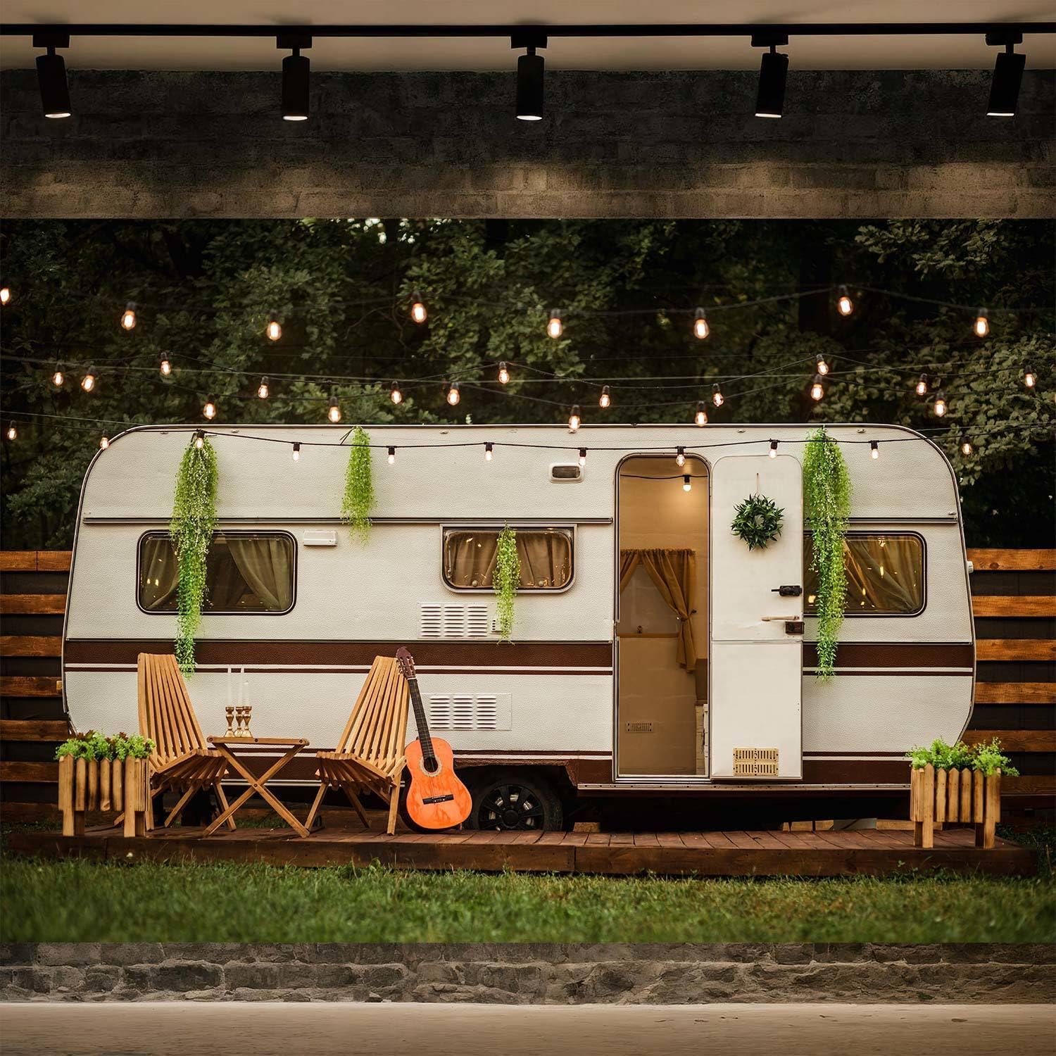 Photo 1 of 10X8ft Camping Backdrop RV Theme Adventure Camper Background, Spring Forest Scenery Kids Photography Backdrop Polyester for Baby Shower Birthday Party Photo Studio Props Decor