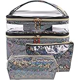 FITINI 3 Pieces Makeup Bags Double Layer Travel Large Holographic Cosmetic Cases Organizer Toiletry Bags Waterproof Small Zipper Pouch for Women Makeup Brush Storage Bag,Black