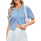 Women Short Sleeve Cardigan Sweater Summer Slim Fitted Button Down Shirt Ruffle Front Y2k Crop Top