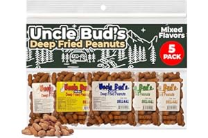 JERKY-N-SPICE Uncle Bud's Deep Fried Peanuts In Shell (5 Pack), Peanuts Individual Packs: Salted, Cajun, Garlic, Hot, Old Bay, Bacon BBQ, Crunchy Flavored Peanut Variety Pack, Spicy Peanuts, Hot Peanuts In Shell