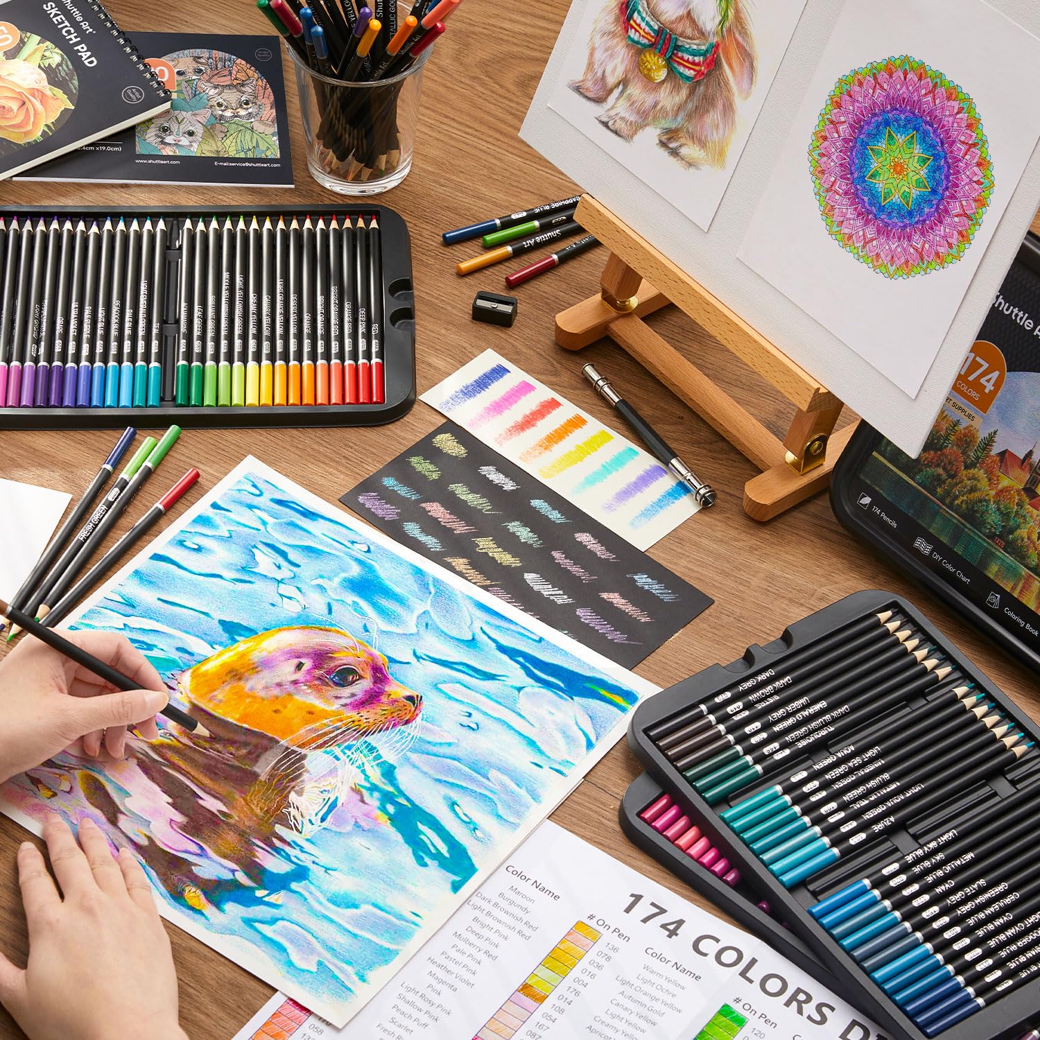 Shuttle Art 174 Buntstifte, professionelles Farbstifte Set auf Weichwachsbasis mit 1 Malbuch, 1 Skizzenbuch, 1 DIY-Malblatt, 4 Spitzern und 2 Stiftverlängerern, Buntstifte für Künstler, Erwachsene 8