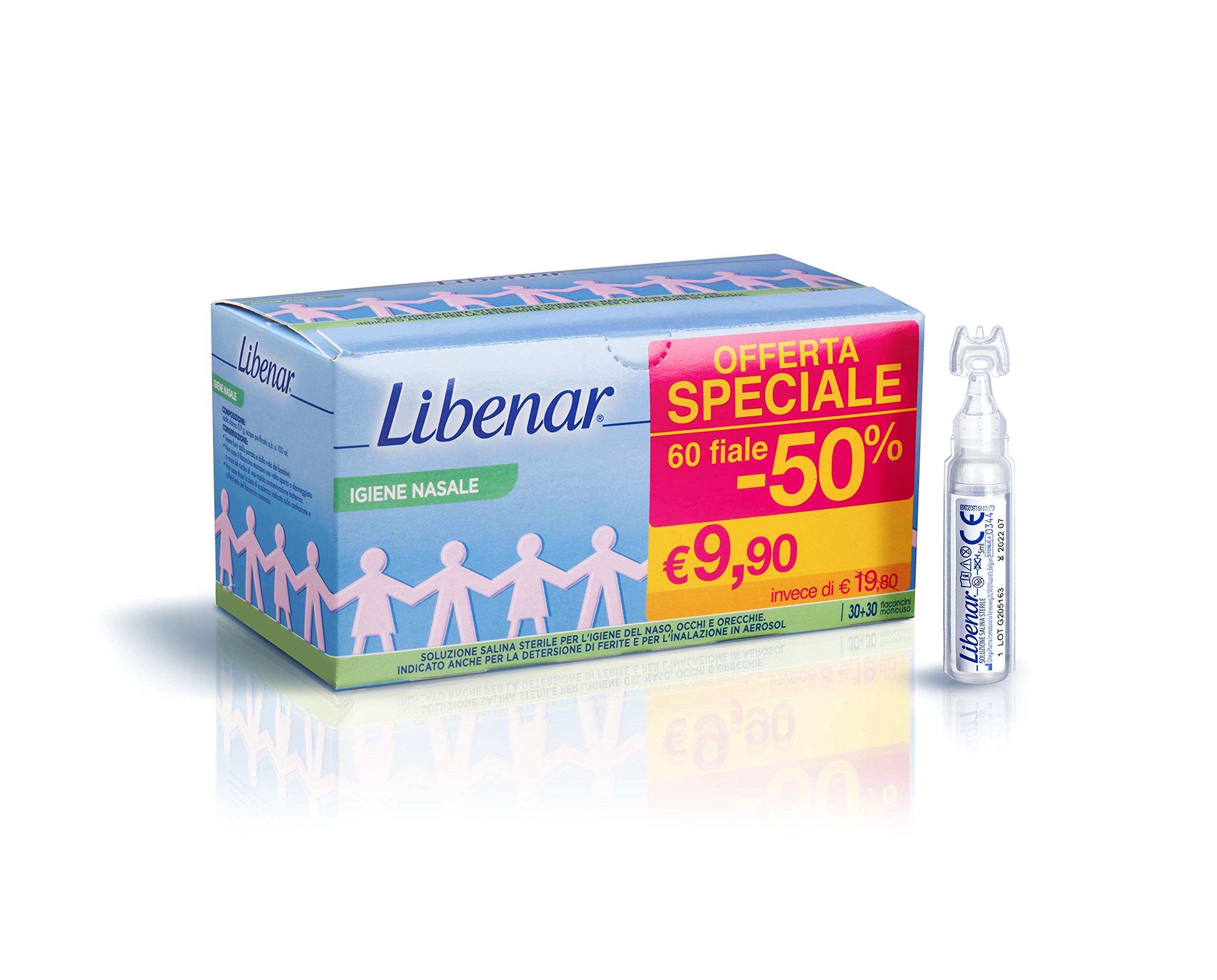 Libenar Physiological Saline Solution, Sterile Isotonic Solution for Cleansing Children’s/Infants’ Eyes and Nose, 60 Vials x 5 ml