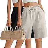 Locoowai 2 Pack Women's Linen Bermuda Shorts High Waist Wide Leg Summer Drawstring Mid Length Shorts with Pockets
