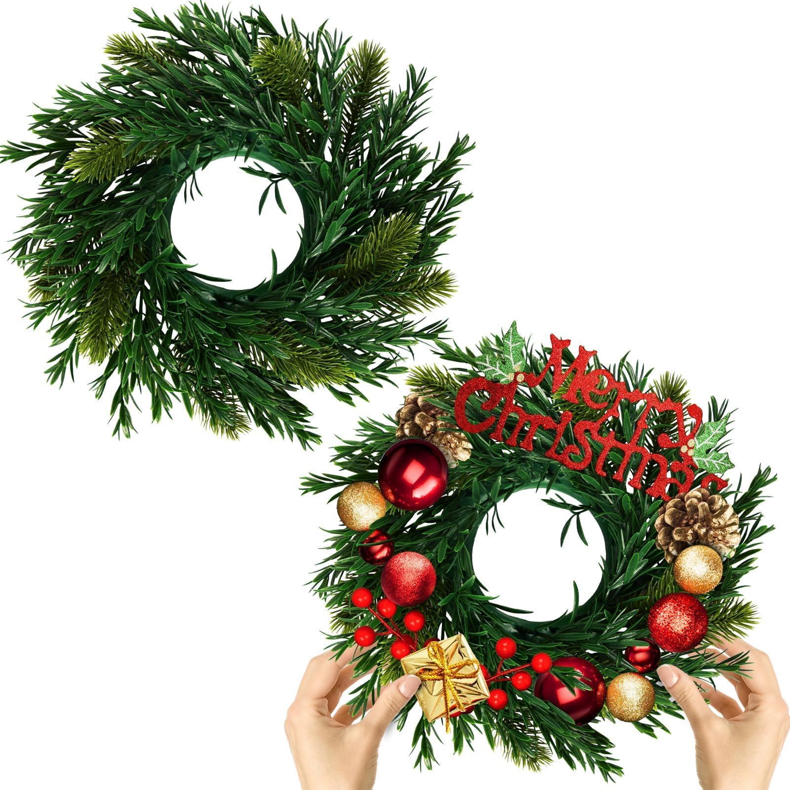 Photo 1 of 2 Pcs Christmas DIY Gree Wreath 10 Inch Green Artificial Wreaths DIY Faux Plain Wreaths Front Door Green Farmhouse Cabinets Wreath Indoor Outdoor Wall Decor(Willow Pine)