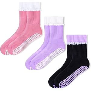 OEKLA Pilates Grip Socks for Women, Non Slip Yoga Socks with Grips, Cotton Crew Socks for Ballet, Dance, Barre