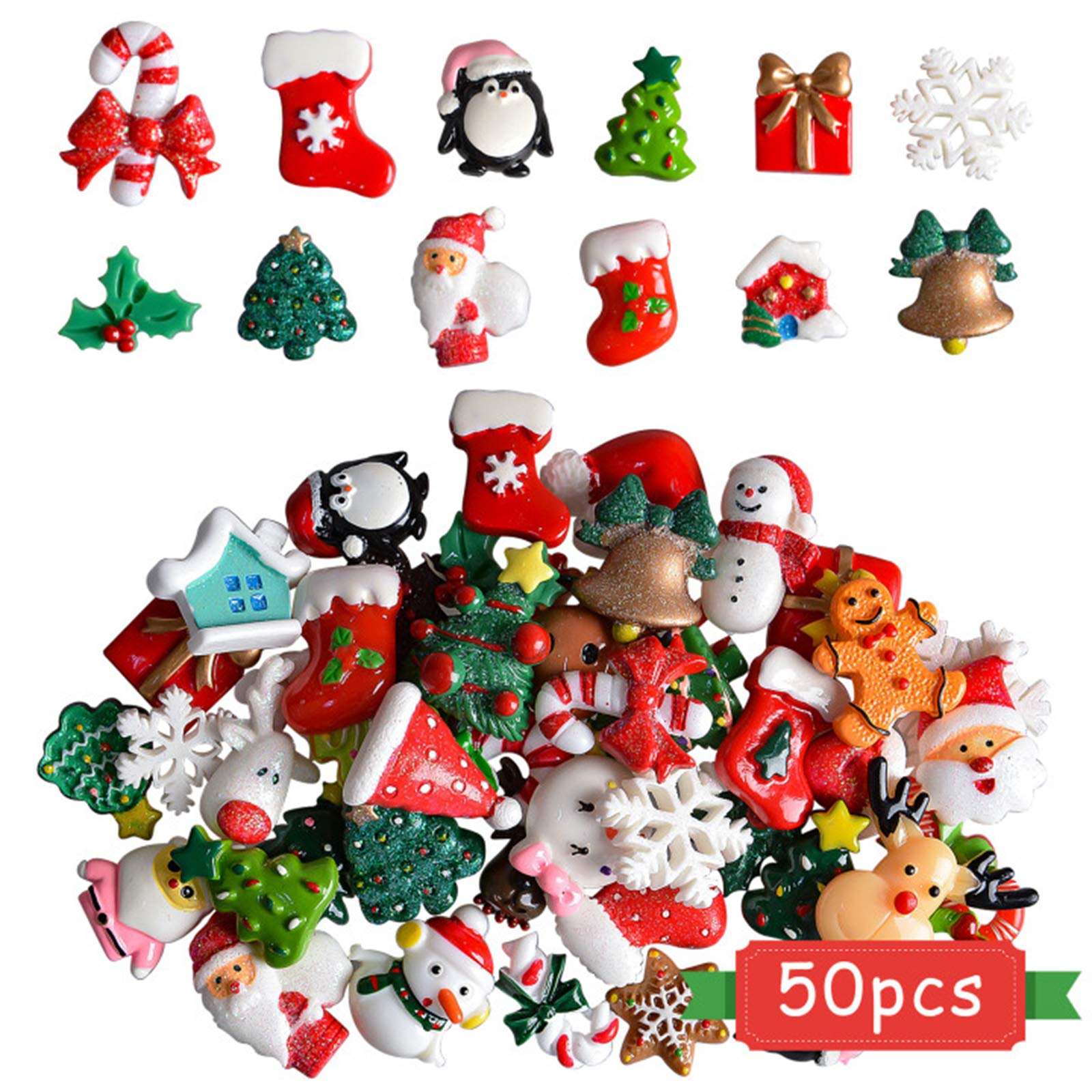 Kalolary Christmas Assorted Craft Resin Ornaments Miniature Ornaments Santa Snowman Tree Bell Resin Decoration for Craft Making, Ornament Scrapbooking DIY Crafts(50Pcs)