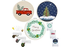 ARMINDOU Embroidery Christmas Kits for Adults Beginners Embroidery Starter Kits with Christmas Tree Wreath Pattern, Hand DIY Embroidery Stamped kits, 3 Embroidery Hoops, 3 Embroidery Fabric, Needles and Thread
