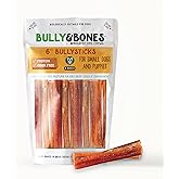 Bully & Bones 6 Inch Odor Free Bully Sticks (8 Ounces) for Small Dogs and Puppies. Healthy Single-Ingredient Beef chew Treats Crafted to Stimulate Your Dog’s Taste Buds. 6" Bully Sticks 8oz.