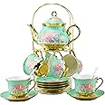 20 Pieces Porcelain Tea Set With Metal Holder, European Ceramic tea set for adults,Flower Tea Set,Tea Set For Women With Flower Painting (Large version, Green)