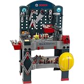 Klein Bosch Workstation Workbench - Kids Tool Set with Sounds | Includes battery-operated drill, belt sander and 75 pieces. Durable plastic toy station for toddlers aged 3 and up