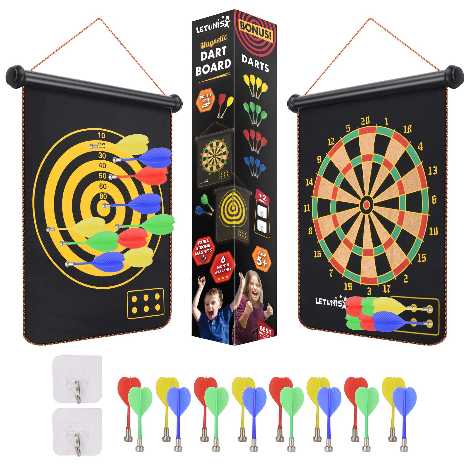 Magnetic Dart Board for Kids, Safe Portable Dart Board Games, Double Sided Kids Dart Board with 16 Darts in 4 Colors, Bonus Self-Sticking Hooks, Indoor and Outdoor Gifts for Teen Boys and Girls 5+