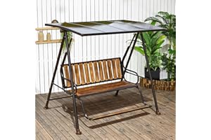 YOLENY Outdoor Porch Swing with Hardtop, 3 Seat Patio Swing with Foot Support, Outdoor Swing with Wooden Seat for Front, Porch, Lawn