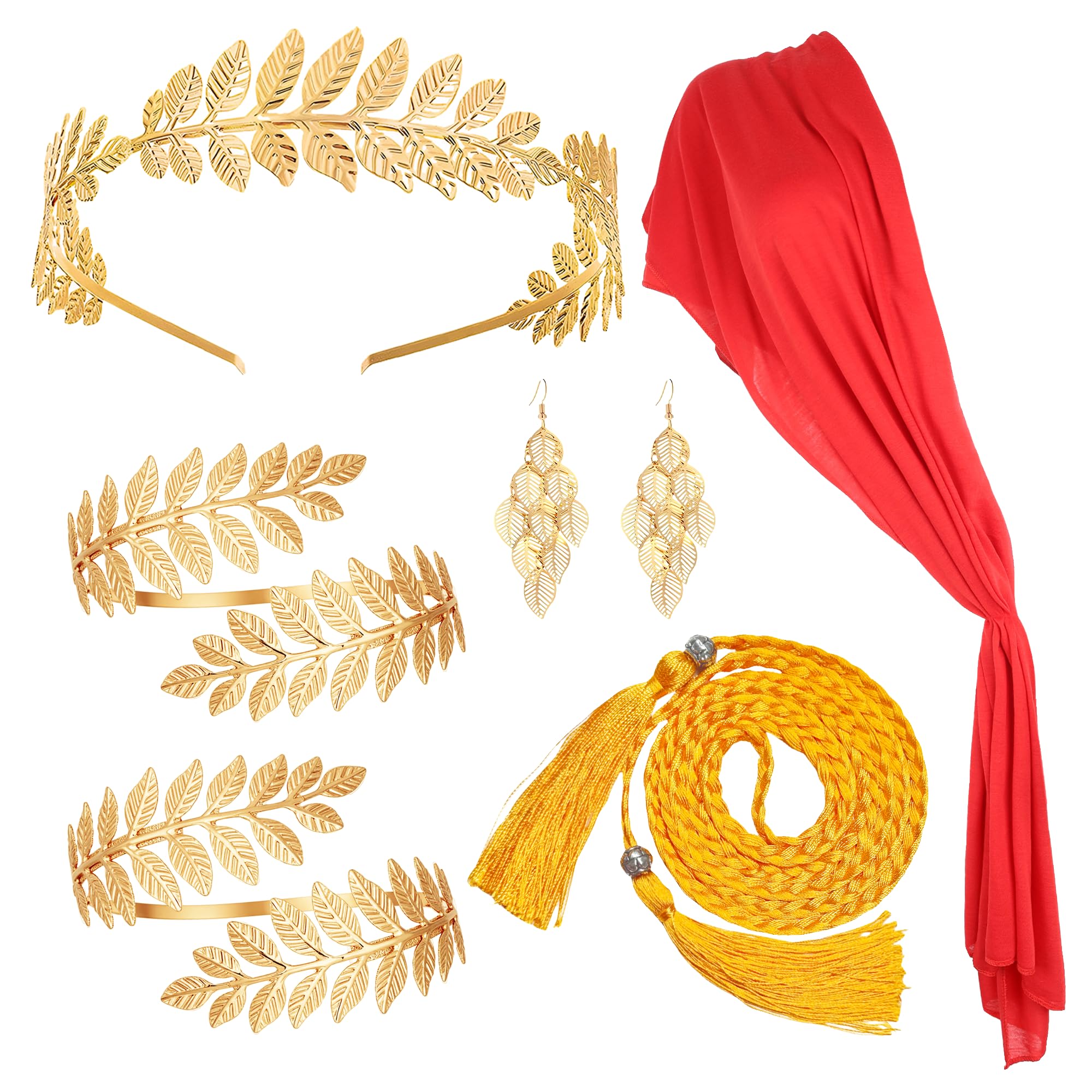 Photo 1 of 6 Pcs Greek Goddess Costume Accessories Set for Women Golden Laurel Leaf Crown Headband Upper Arm Cuff Red Shawl Toga Waist Belt Leaf Dangle Earrings Toga Costume for Wedding Toga Party