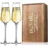 Wedding Champagne Flutes Glasses Set of 2, Hand Blown Wedding Toasting Flutes for Bride and Groom, Mr and Mrs Champagne Glasses for Wedding Engagement Anniversary Bridal Shower(Commemorative Box Set)