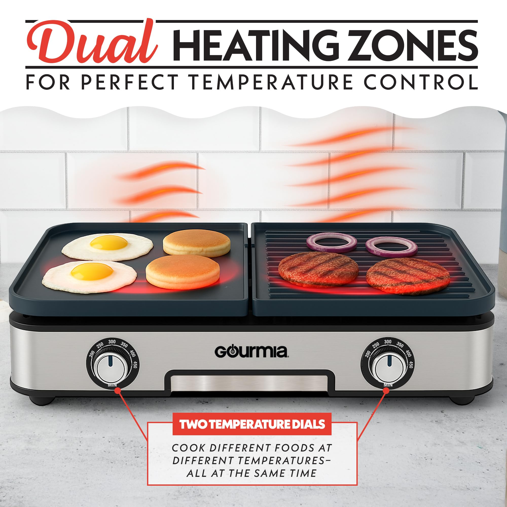 Gourmia 3-in-1 Indoor Grill/Griddle Electric Combo - 250-400°F Adjustable Dual Cooking Zones with Removable Nonstick Reversible Ceramic Plates - Non Toxic Dishwasher Safe Countertop Kitchen Appliances