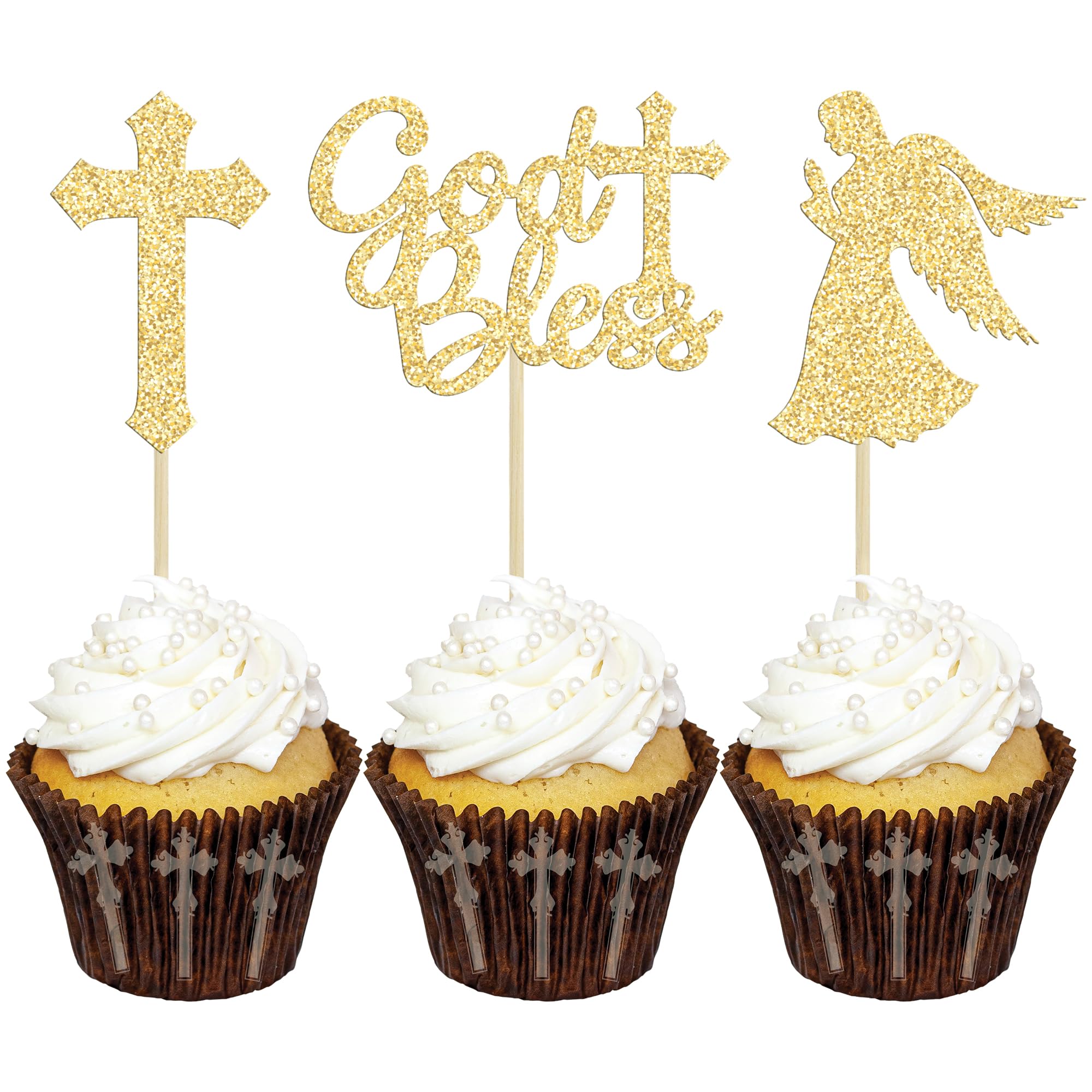 Gyufise 24Pcs Gold Glitter God Bless and Cross Cupcake Topper Picks Angel Christening Cake Decorations for Baptism Party Decoration Supplies