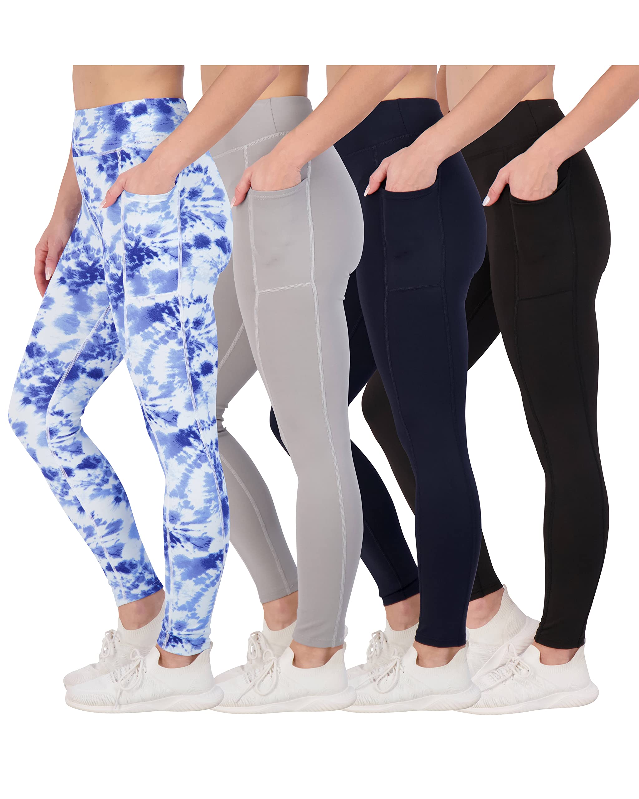 Photo 1 of 4 Pack: Womens Leggings Yoga Pants for Women Workout Tummy Control Legging Pockets Gym Clothes Clothing Compression Exercise Pants Womans Adult Girl Teen High Waisted Pocket Waist - Set 3, M
