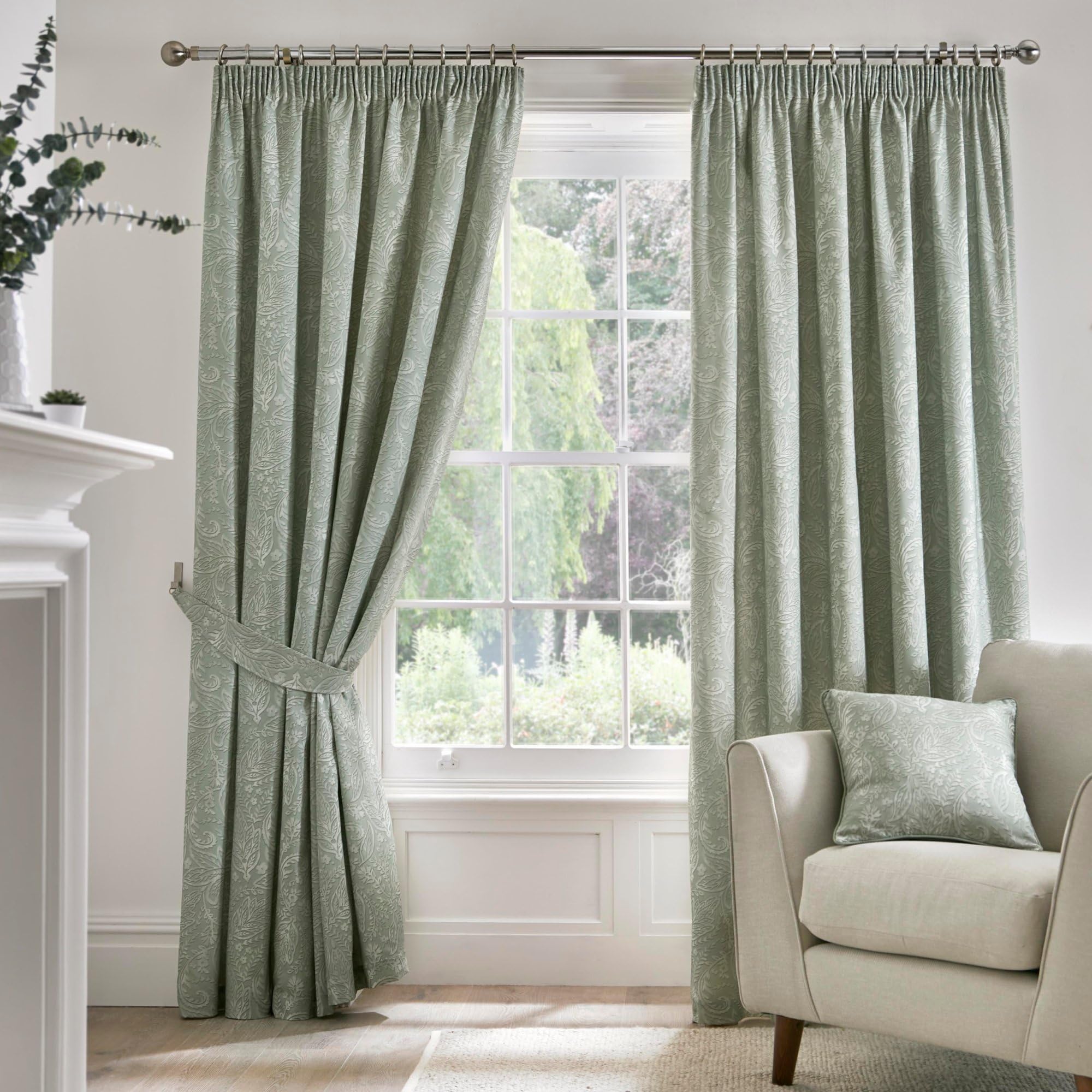 Dreams & Drapes 70 Curtains - 100% Cotton Pair of Pencil Pleat Curtains With Tie-Backs - 46" Width x 72" Drop (117 x 183cm) in Aveline, Green