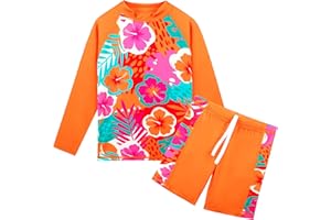 TFJH E Girls Swimsuit UPF 50+ UV Two Piece Long Sleeve Swimwear Rash Guard Sets 3-12Y