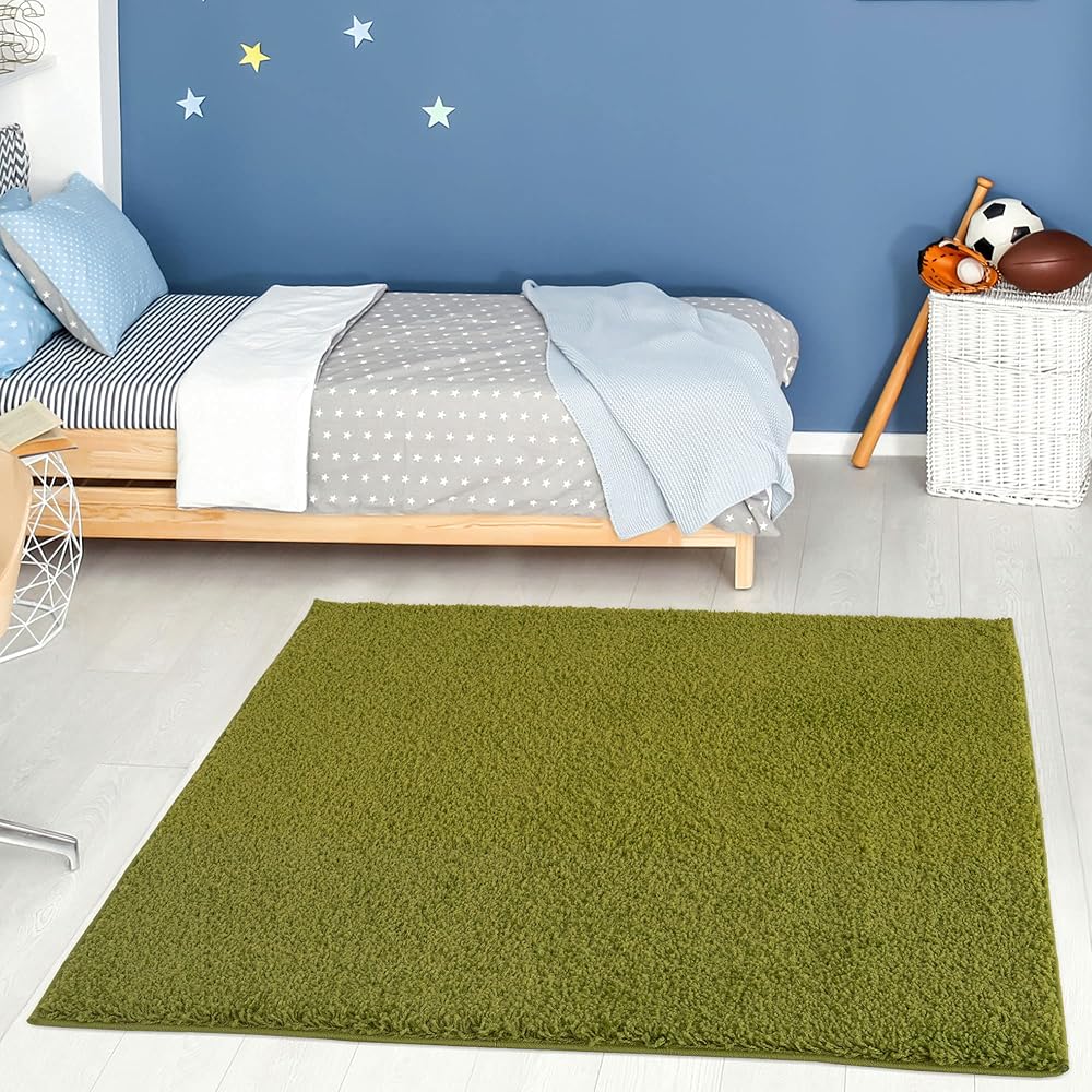 THE RUGS Shaggy Living Room Rug 120x120 cm Green Soft 30 mm Thick