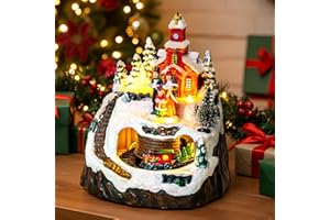 MXwcy Animated Christmas Village Decoration – Lighted Church Choir & Moving Train on Snowy Mountain – Holiday Collectible Statue Centerpiece