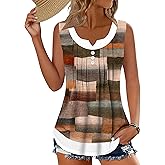 Womens Summer Tops Casual Scoop Neck Button Pleated Sleeveless Shirts Loose Fit Trendy Blouses